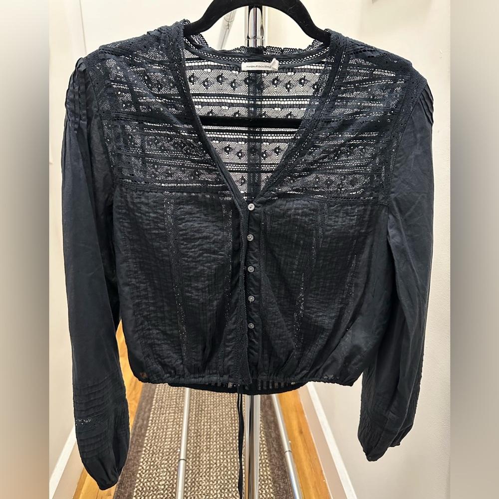 Black Lace Yoke Button-Front Women's Blouse
